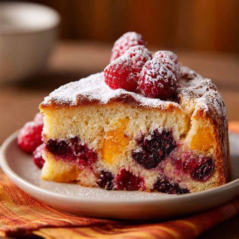 Serviervorschlag: Wolkchentorte mit Puderzucker und Beeren