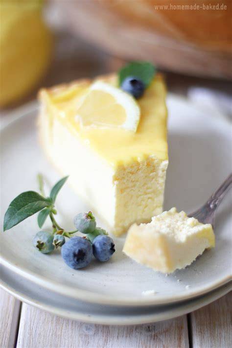 Serviervorschlag: Zitronen-Käsekuchen mit Lemon Curd und Minzdeko