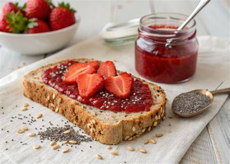 Serviervorschlag: Zuckerfreie Erdbeermarmelade auf Vollkornbrot