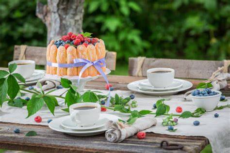 Serviervorschlag Charlotte Torte im Sommergarten