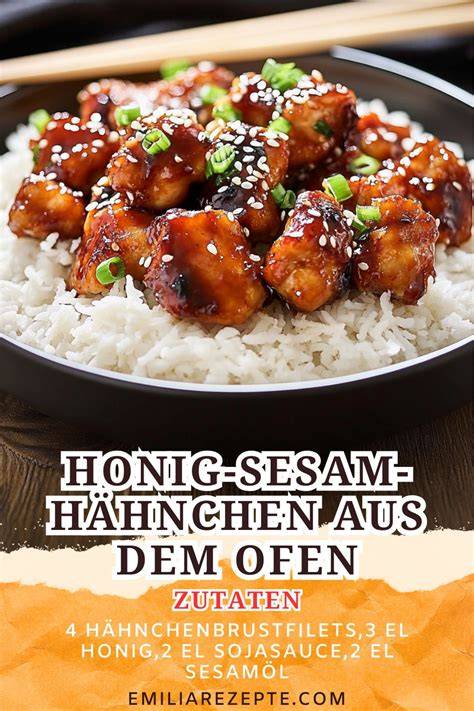 Serviervorschlag Honig Sesam Hähnchen mit Reis und Gemüse