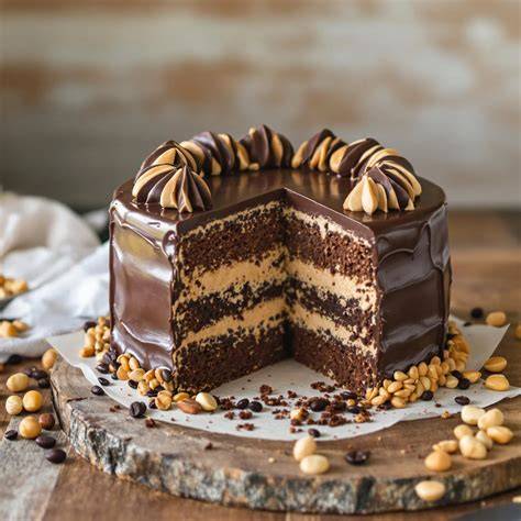 Serviervorschlag und Anschnitt vegane Erdnussbutter-Torte