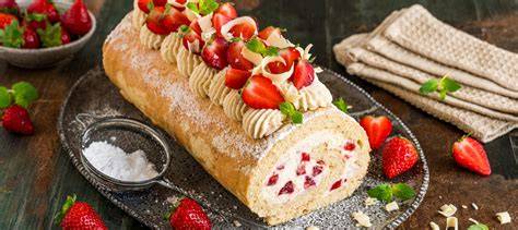 Serving-Idee: Biskuitrolle mit Puderzucker, Tupfen und Erdbeeren