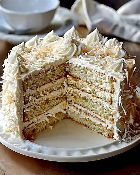 Serving-Vorschlag: Ananas-Mohn-Torte mit Kokos und weißer Schokolade