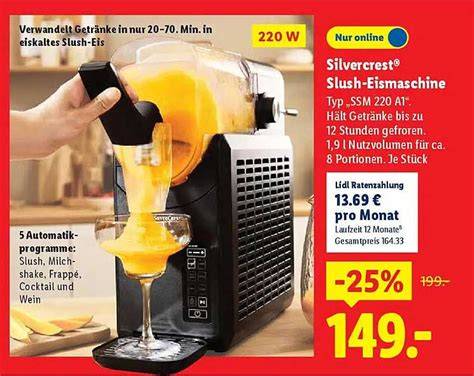 Silvercrest Slush-Eismaschine SSM 220 A1 auf der Arbeitsplatte, Bedienelemente und Zapfhahn