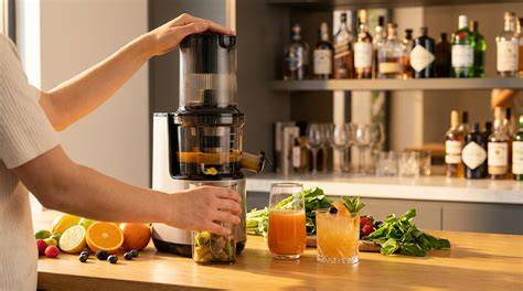 Slow Juicer und frischer Möhrensaft mit Honig
