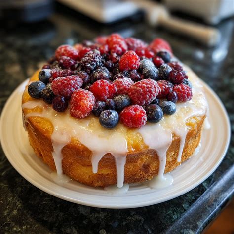 Snack-Anschnitt Zitronenkuchen mit Honig und frischen Beeren