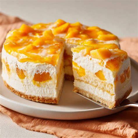 Sommerliche Mango-Joghurt-Torte auf einem Teller, angeschnitten