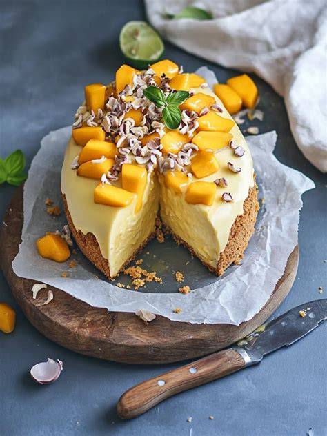 Sommerliche Mango-Kokos-Torte auf Tortenplatte, Mango und Kokosnuss im Hintergrund