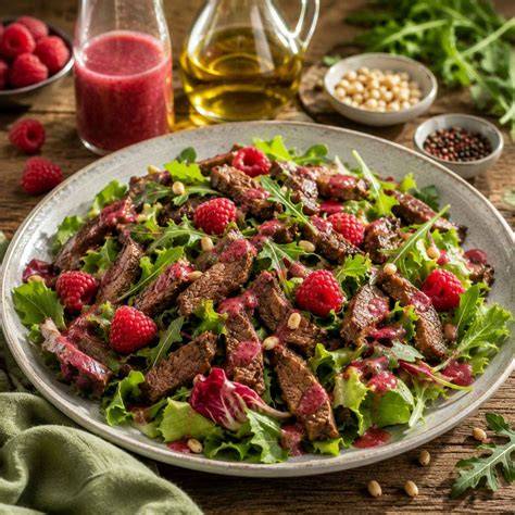 Sommerlicher Salat mit Himbeerdressing, angerichtet auf einem hellen Teller