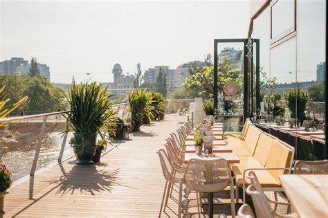 Sommerterrasse am Fluss bei Café Lutter mit Frühstück und Waffeln