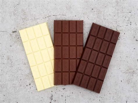 Sorten: Zartbitter, Vollmilch, Weiße Schokolade