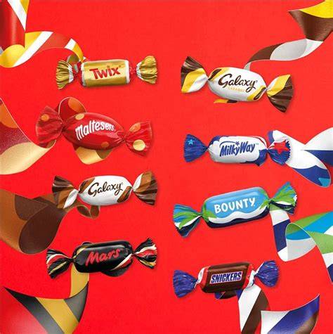 Sortenübersicht Celebrations: Snickers, Bounty, Milky Way, Twix, Dove, Maltesers