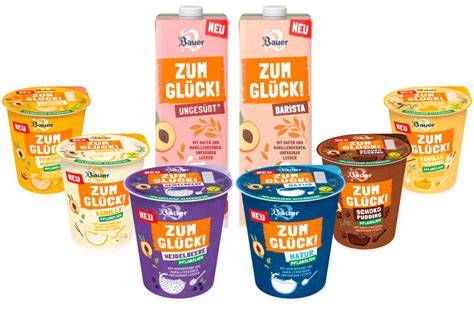 Sortenvielfalt der Bauer Zum Glück! Produktreihe - Drinks, Joghurts und Puddings