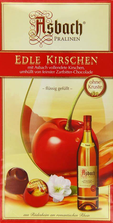 Sortiment Asbach Pralinen: Fläschchen, Bohnen, Kirschen und Trüffel
