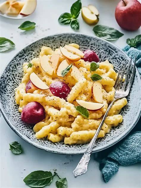 Spätzle mit Zucker und Zimt - angerichtet in der Pfanne mit karamellisierten Apfelspalten