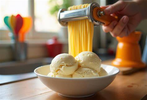 Spätzlepresse mit Vanilleeis für Spaghetti Eis