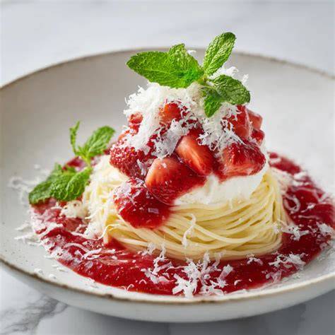 Spaghettieis Dessert auf weißem Teller mit Erdbeeren und weißer Schokolade