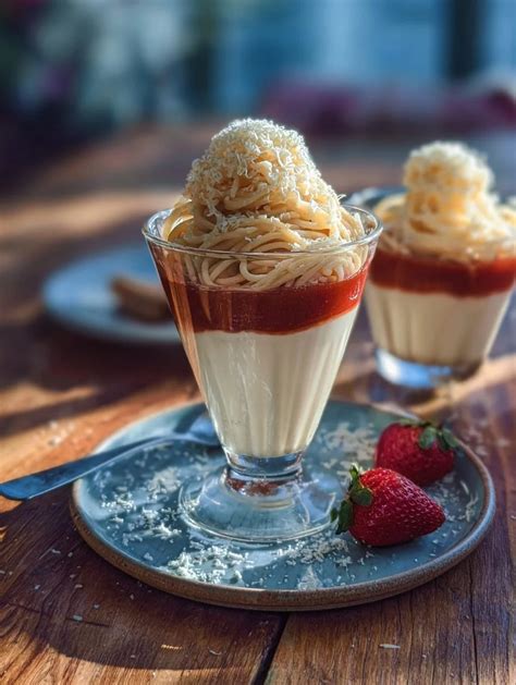 Spaghettieis Dessert im Glas: Vanillecreme und Erdbeersauce