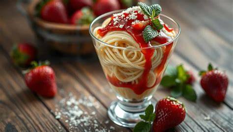 Spaghettieis im Glas mit frischen Erdbeeren