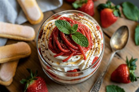 Spaghettieis-Dessert im Glas mit Erdbeersoße und weißer Schokolade