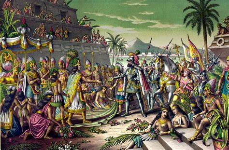 Spanische Konquistadoren begegnen Azteken mit Kakaobohnen