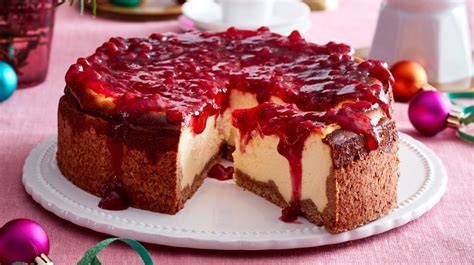 Spekulatius-Käsekuchen aufgeschnitten mit Preiselbeeren