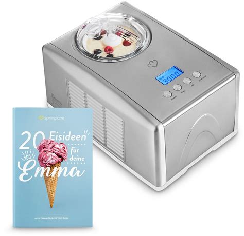 Springlane Eismaschine Emma auf Küchenarbeitsplatte mit Eiskugeln