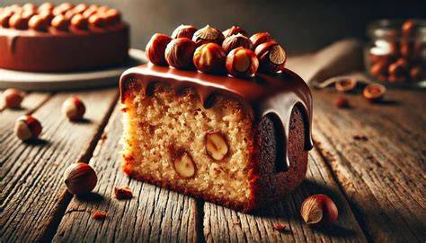 Stück Haselnusskuchen mit Nutella-Ganache