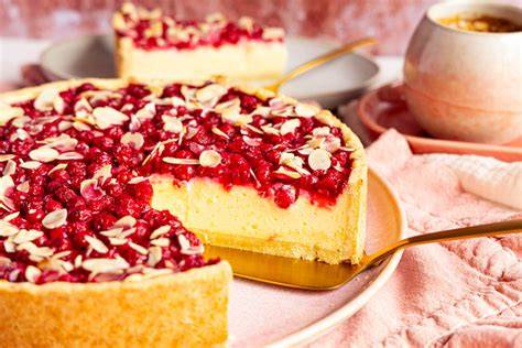 Stück Johannisbeerkuchen mit Pudding und Streusel auf Kuchenteller