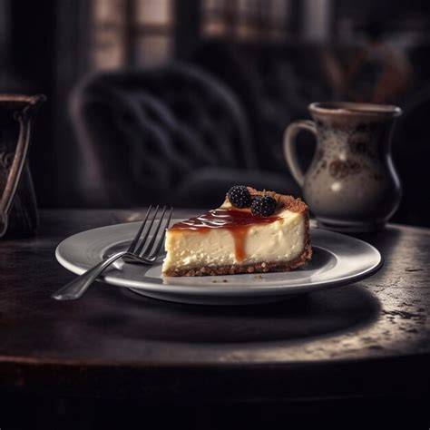 Stück Käsekuchen auf Teller mit Tee