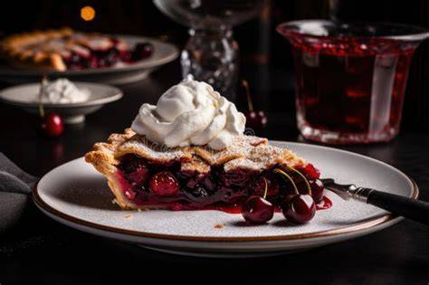 Stück Kirschkuchen auf Teller mit Sahne