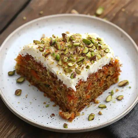 Stück Kuchen mit Frischkäse-Frosting und gehackten Pistazien
