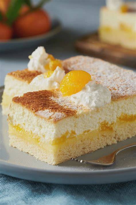 Stück Mandarinen-Nuss-Torte mit Sahnetupfern und Puderzucker