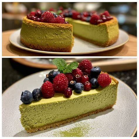 Stück Matcha Käsekuchen mit Puderzucker und Beeren