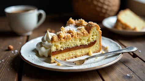 Stück Nougat Streuselkuchen auf einem Teller, mit Vanillesauce und Kaffeetasse