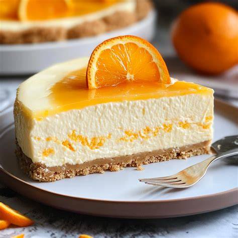 Stück Orangen-Käsekuchen mit Minze garniert