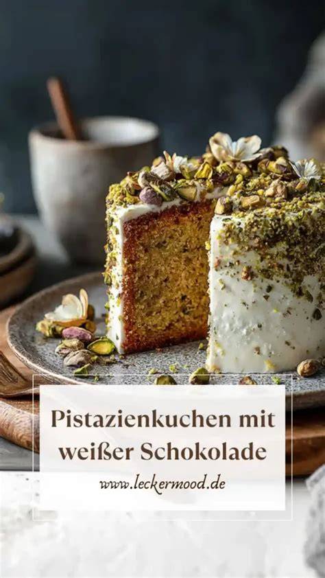 Stück Pistazienkuchen mit weißer Schokolade und gehackten Pistazien