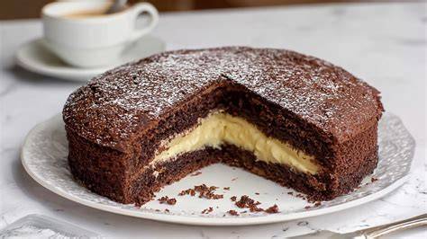 Stück Schokokuchen mit Pudding und Raspelschokolade