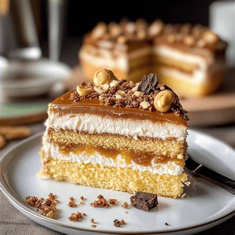 Stücke Toffifee Torte auf einzelnen Tellern, gedeckte Kaffeetafel