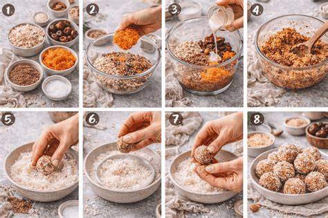 Step-by-step Infografik: Datteln mahlen, Teig mischen, Kugeln formen, backen