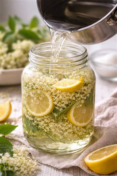 Sterilisieren und Abfüllen von Holunderblütensirup in Glasflaschen