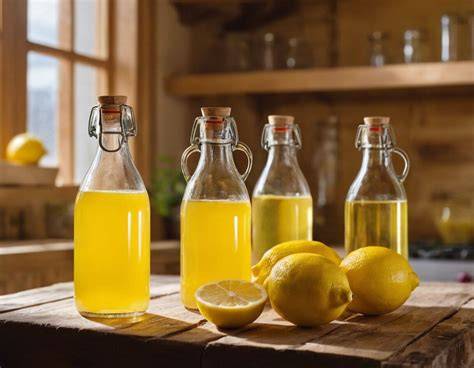 Sterilisierte Flaschen mit frisch gefülltem Zitronensirup