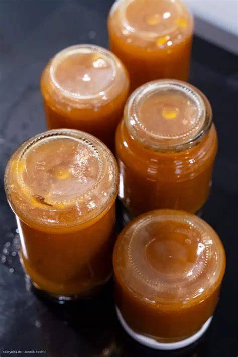 Sterilisierte Gläser mit frisch abgefüllter Mirabellen-Rhabarber-Marmelade