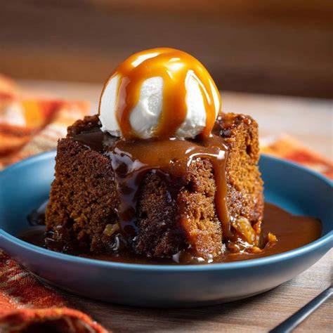 Sticky Toffee Pudding mit Toffee-Soße und Vanilleeis