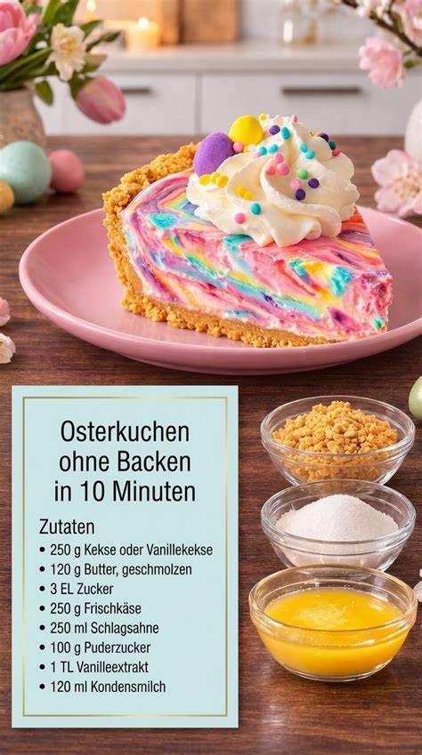 Stimmungsbild: Bunter Osterkuchen ohne Backen auf festlich gedecktem Tisch