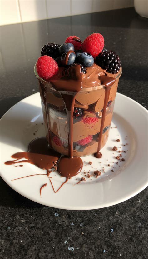Stimmungsbild: Dessertgläser, Beeren, Nüsse, Kakao - zuckerfrei angerichtet