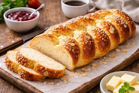 Stimmungsbild: Frühstückstisch mit Hefezopf, Streuselküchle und Obstkuchen
