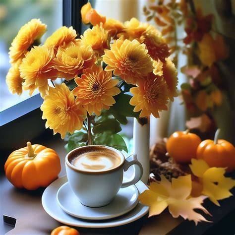 Stimmungsbild: Kaffee und Preiselbeerbiskuitrolle auf herbstlicher Tafel