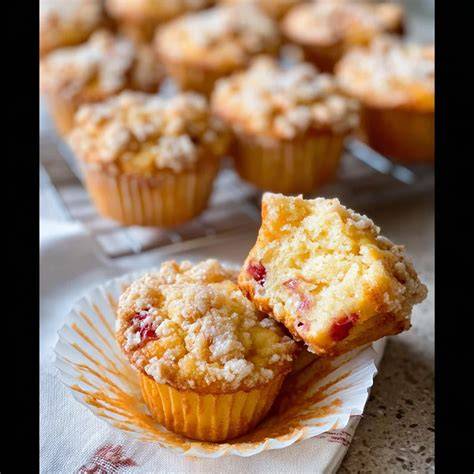Stimmungsfoto: Kaffee und frisch gebackene Rhabarber-Streusel-Muffins auf einem Tisch